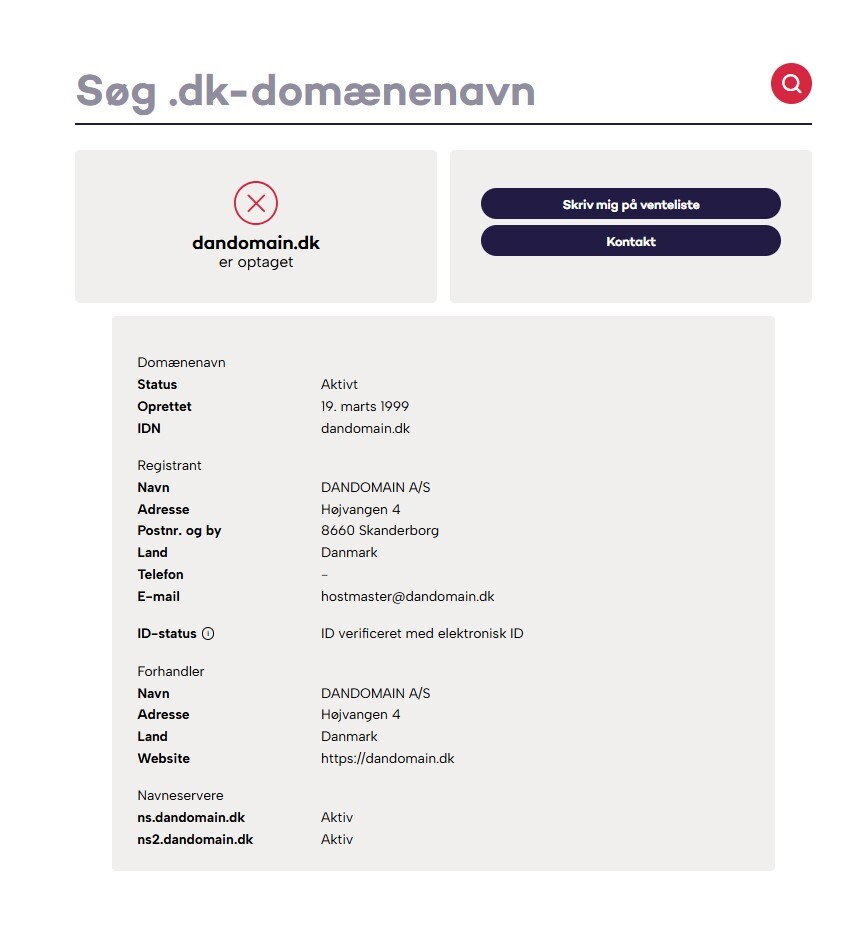 Oplysninger om dandomain.dk hos Punktum dk
